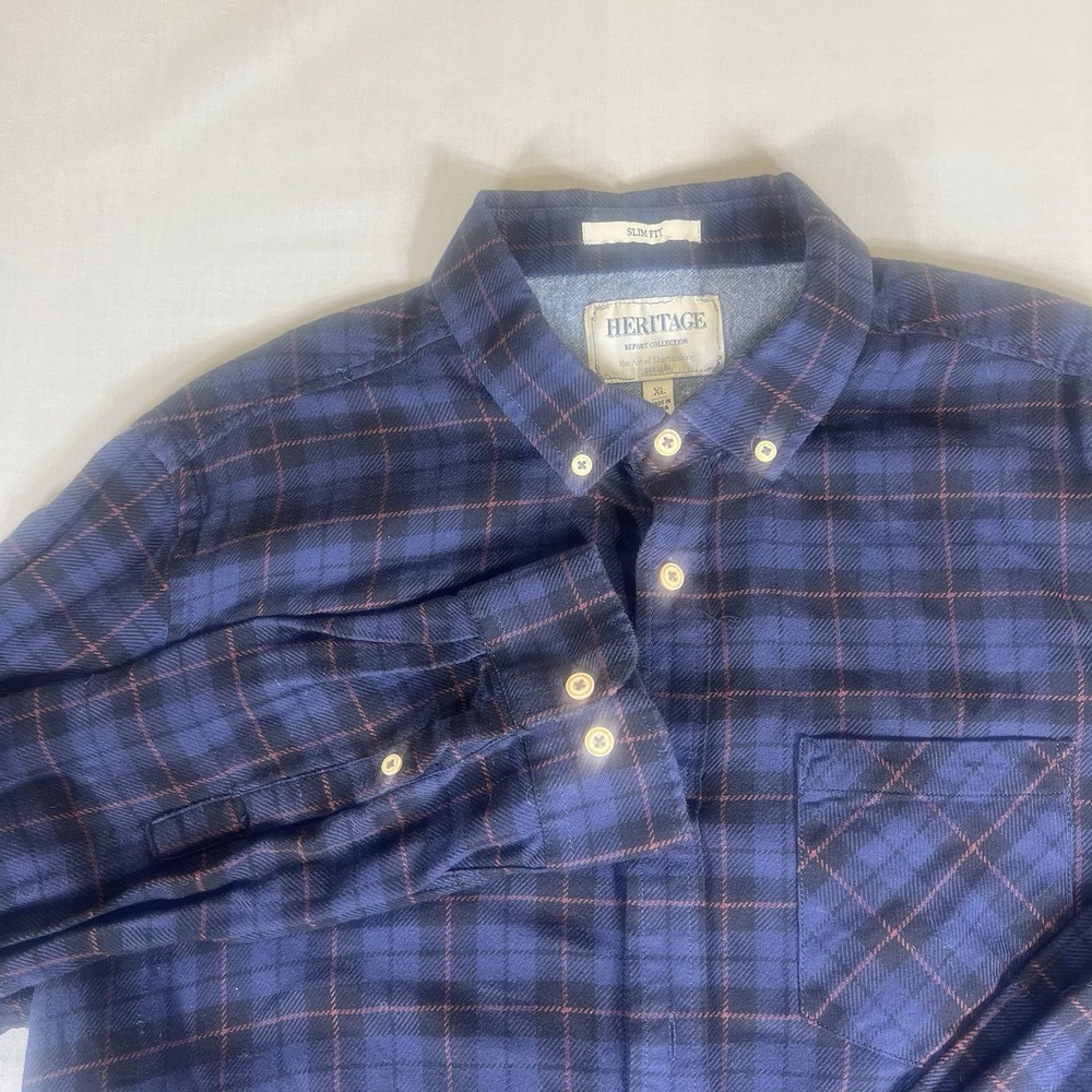 Heritage Report Collection Shirt Mens XL Slim Fit Blue Plaid Button Down Casual